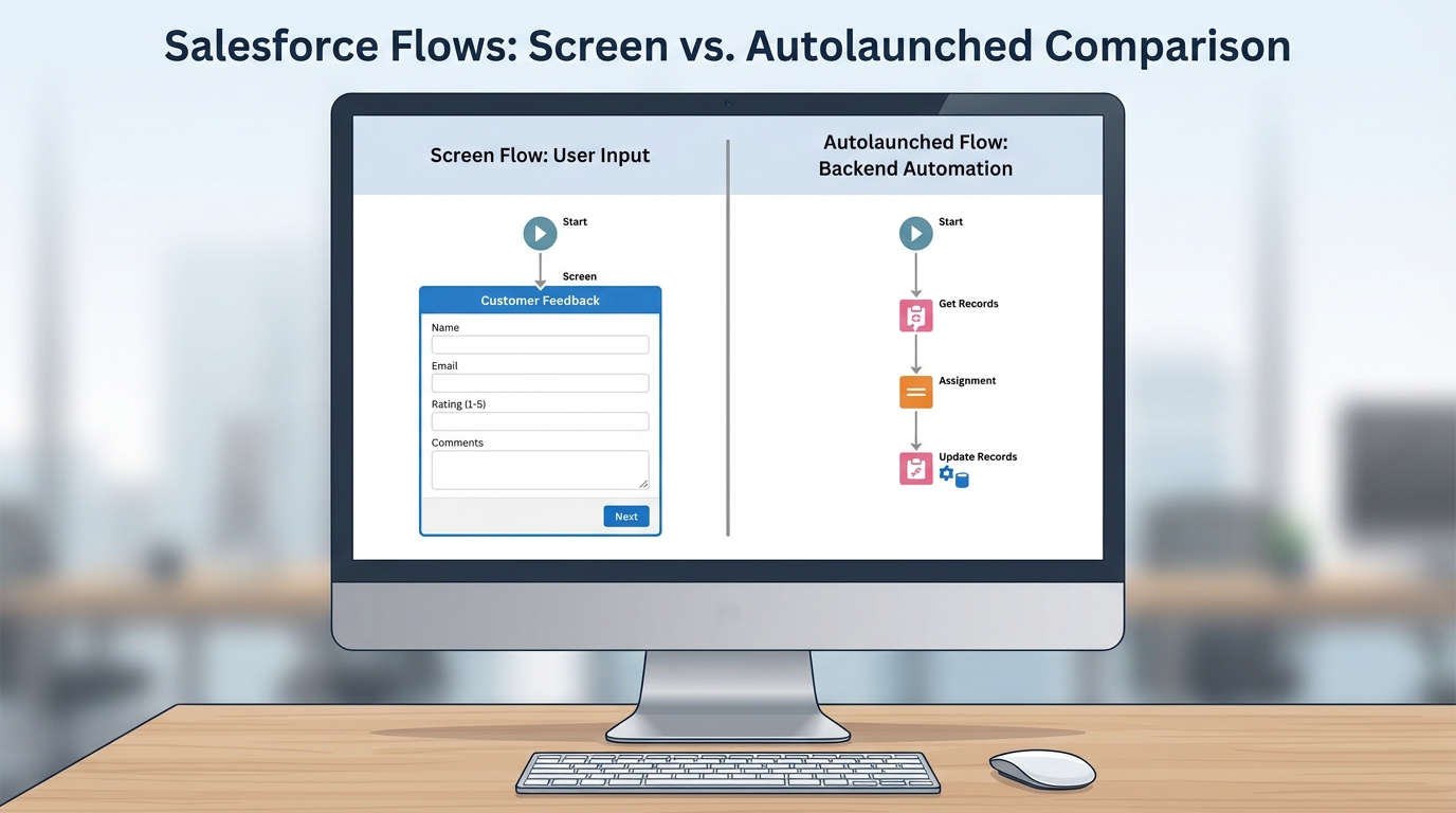 A side-by-side visual comparison of the Salesforce Flow Builder showing a Screen Flow with user interface elements versus an Autolaunched Flow featuring background logic elements.