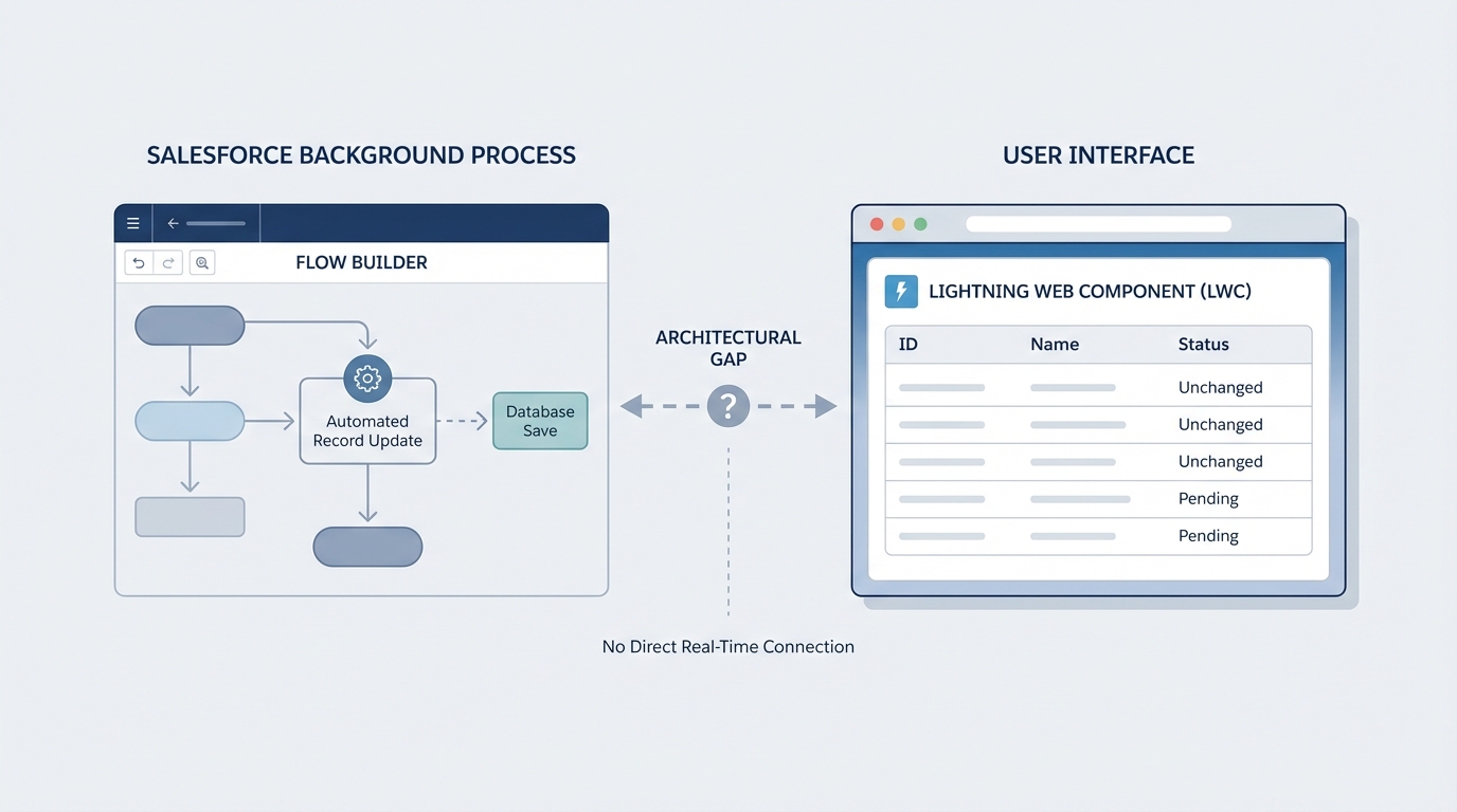 A technical diagram illustrating the synchronization gap between a Salesforce background Flow update and a front-end Lightning Web Component UI.