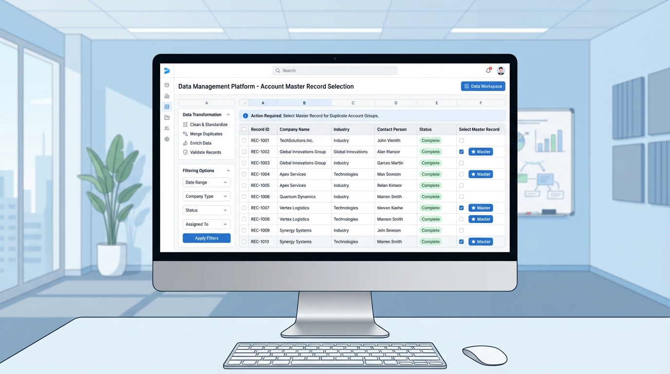 A professional software interface showing a detailed spreadsheet of database records organized for a mass merge and deduplication process.