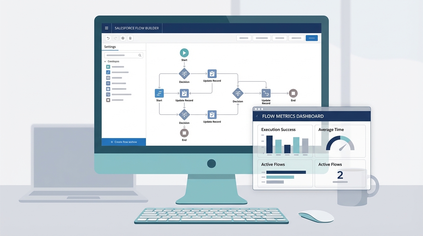 A professional visualization of the Salesforce Flow Builder interface and a performance monitoring dashboard showing flow execution data.
