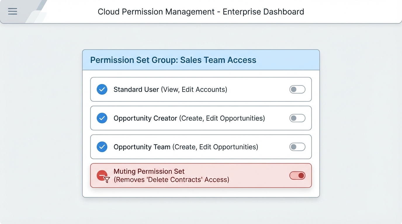 A technical UI diagram of a Permission Set Group showing a Muting Permission Set acting as a filter to subtract specific permissions from the overall group.