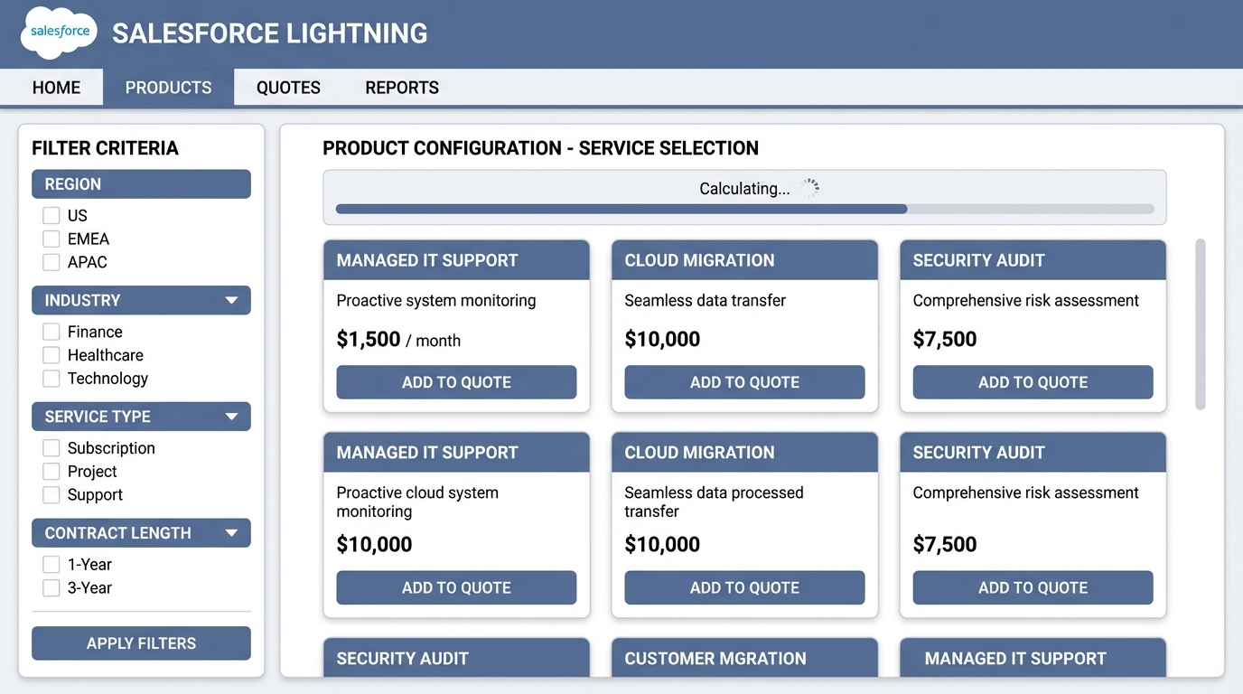A realistic UI mockup of a Salesforce CPQ product selection screen showing dynamic filtering for product bundle options.