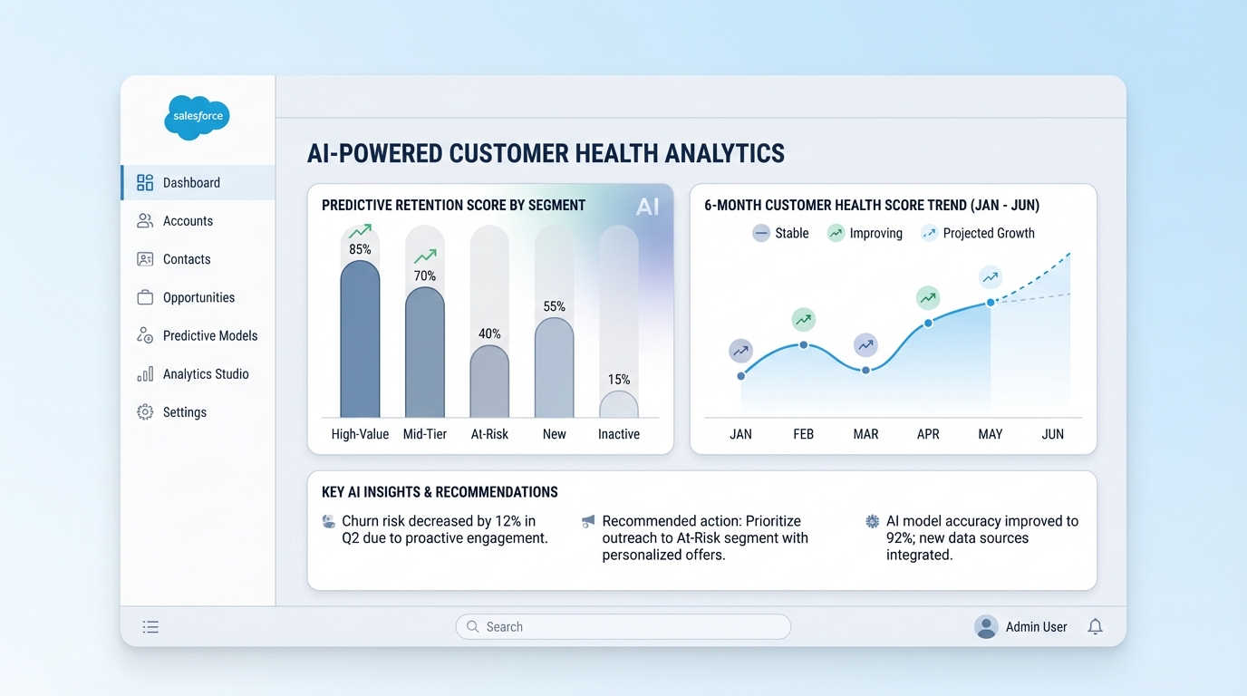 A clean, professional Salesforce-style dashboard mockup displaying predictive analytics charts and customer data trends.