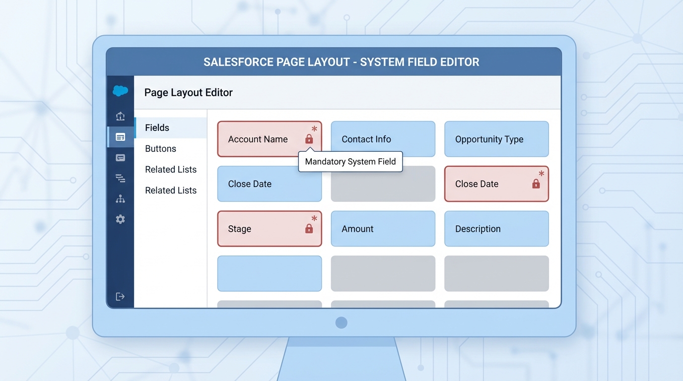 A realistic UI mockup of a Salesforce page layout editor showing mandatory Case fields marked with lock icons and required indicators.