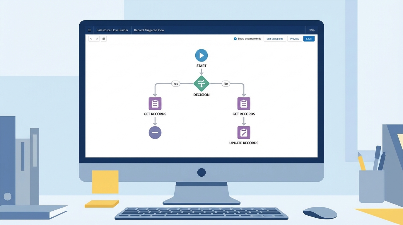 A realistic view of the Salesforce Flow Builder interface showing a complex automation workflow on a desktop monitor.