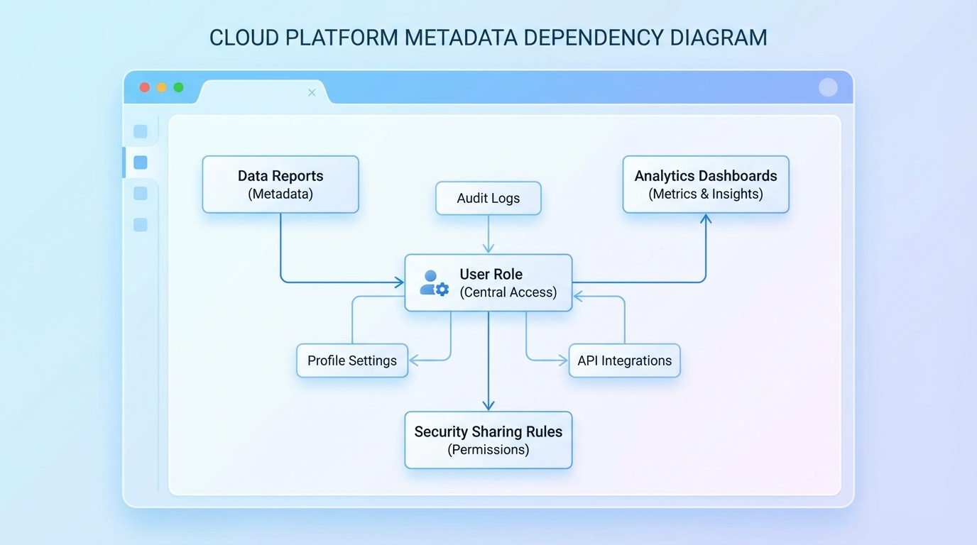 A technical diagram showing the interconnected dependencies between a user role and various system elements like reports and sharing rules.