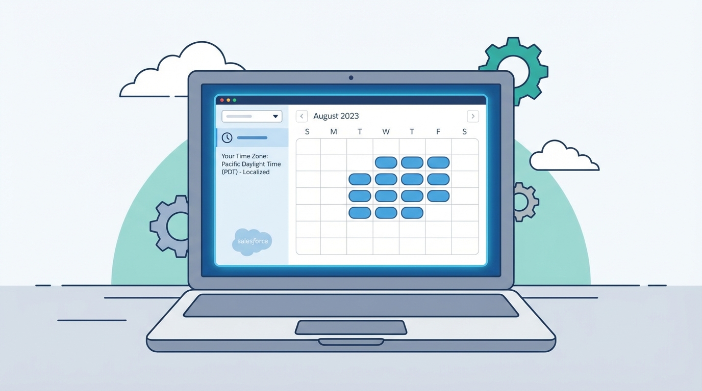 A realistic UI mockup of an appointment booking calendar with available time slots and time zone selection.