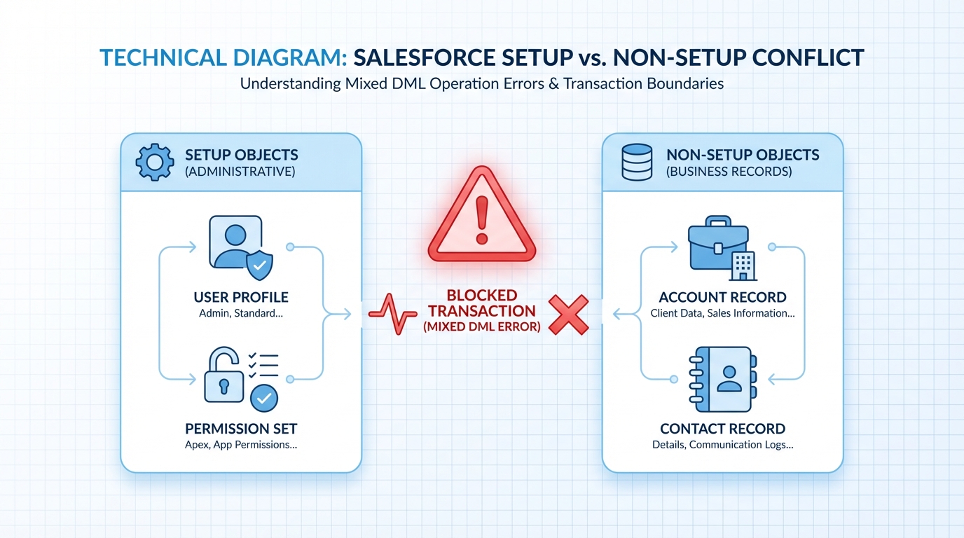 A technical diagram showing the conflict between Salesforce Setup objects and Non-Setup objects, represented by a red warning symbol between administrative and business record icons.