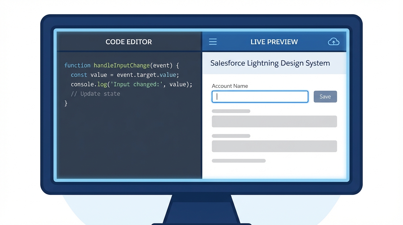 A split-screen view of a code editor with JavaScript logic next to a realistic Salesforce Lightning input field on a professional web form.