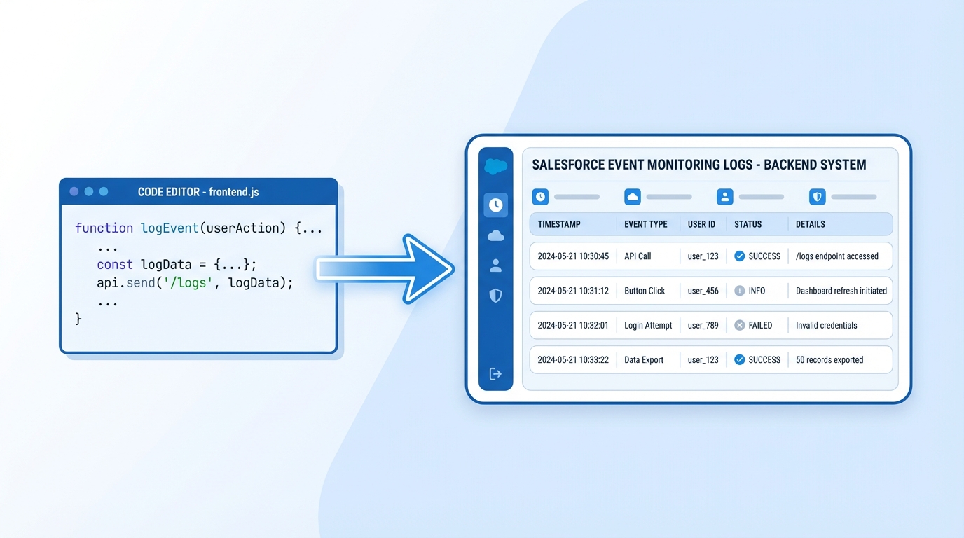 A technical diagram illustrating the data flow from front-end Lightning Web Component code to the Salesforce Event Monitoring log dashboard.