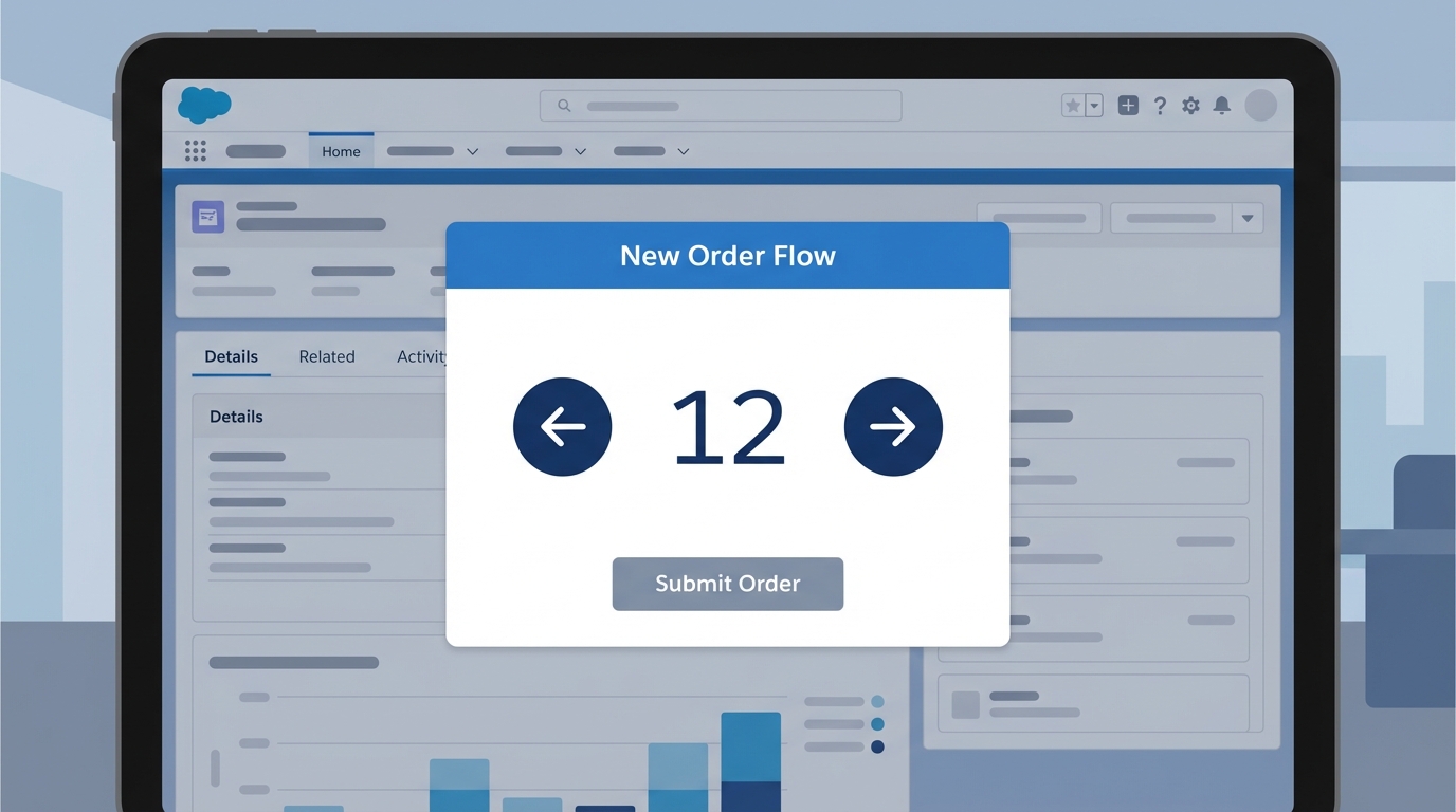 A high-quality UI mockup of a Salesforce Screen Flow displaying a custom numeric counter component with increment and decrement buttons.
