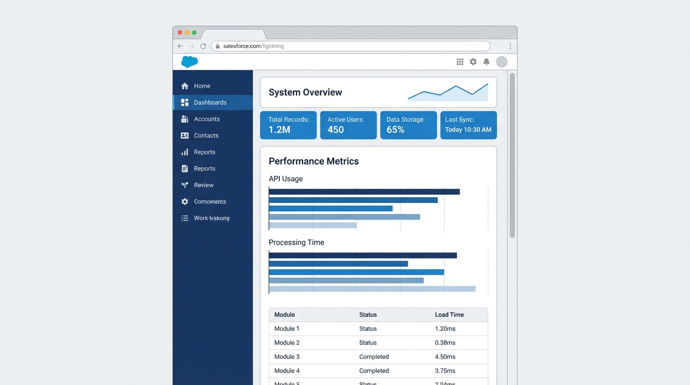 A professional Salesforce Lightning interface mockup showing a sidebar navigation menu and a long, scrollable content area with organized data sections.