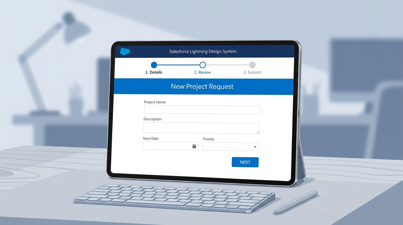 A photorealistic mockup of a Salesforce Screen Flow on a tablet, illustrating a simplified step-by-step data entry process.