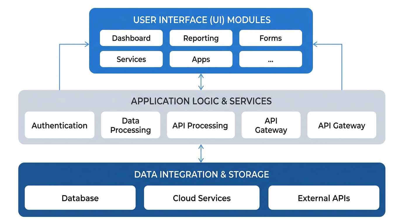 A professional technical architecture diagram showing the modular layers of a software system including UI components and data integration blocks.