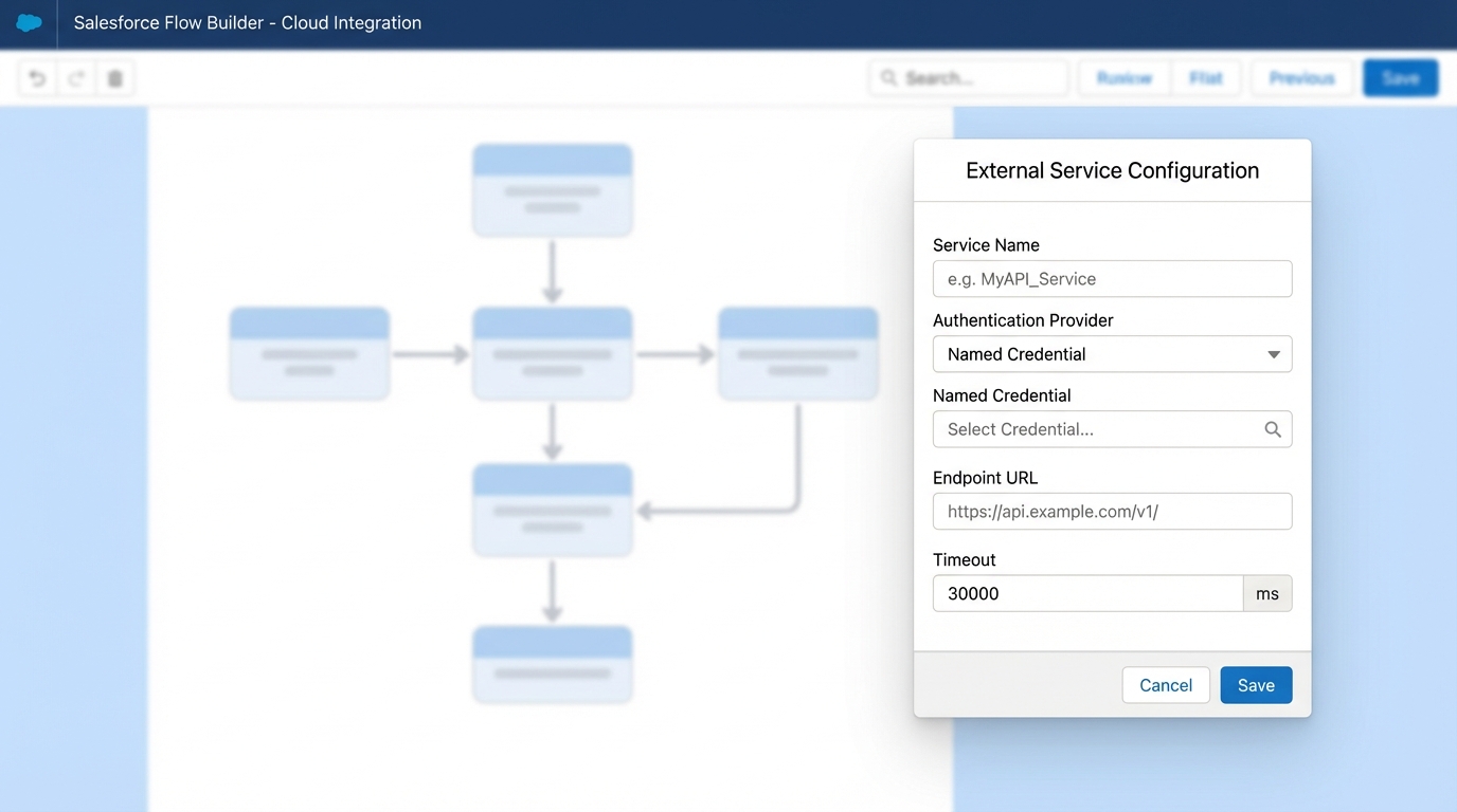 A realistic UI mockup of the Salesforce Flow Builder interface showing the configuration panel for setting up a secure HTTP callout integration.