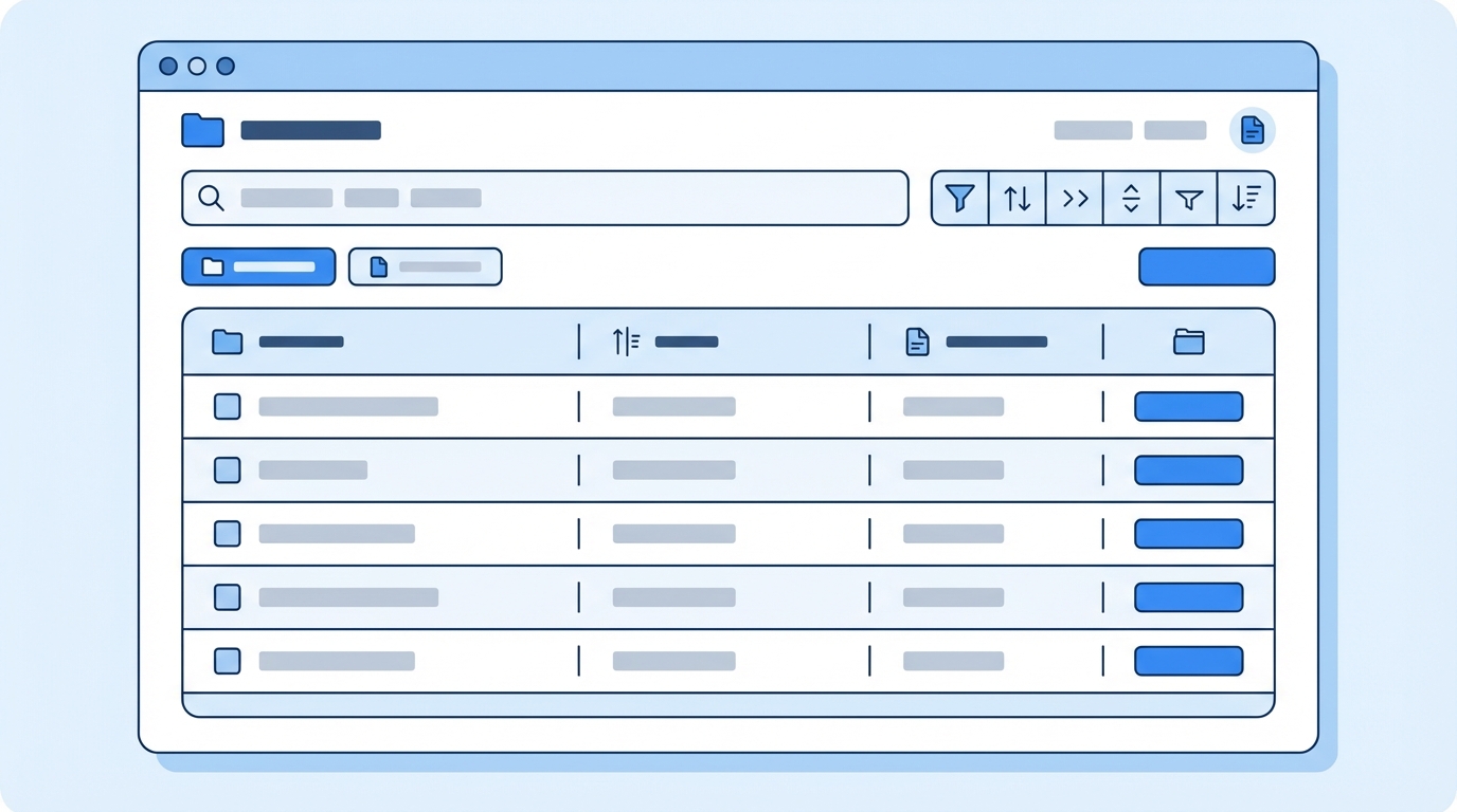 A professional software dashboard showing an organized and searchable list of digital assets in a clean, modern user interface.