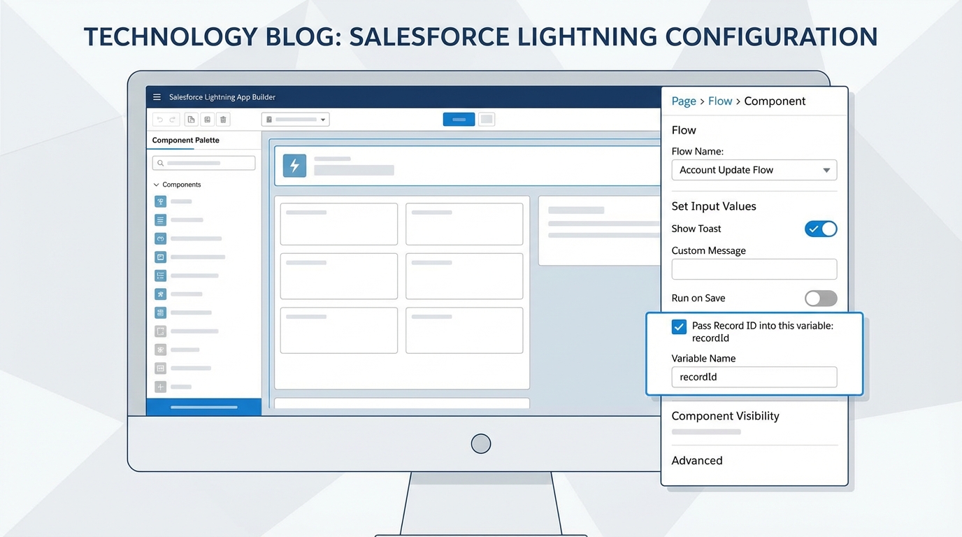 A close-up view of the Salesforce Lightning App Builder properties panel showing the configuration for passing a record ID into a flow.