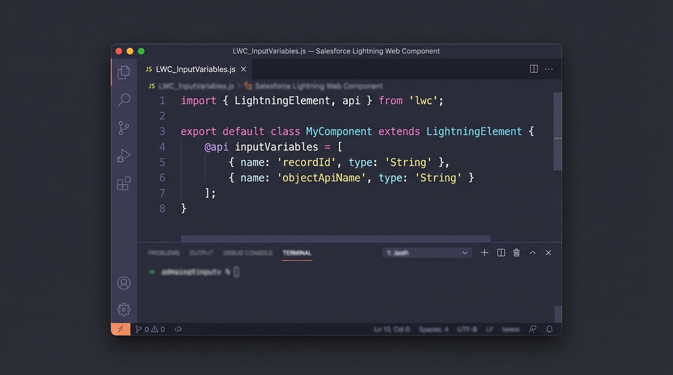A high-quality image of a code editor showing JavaScript syntax used to initialize a Salesforce flow within a custom component.