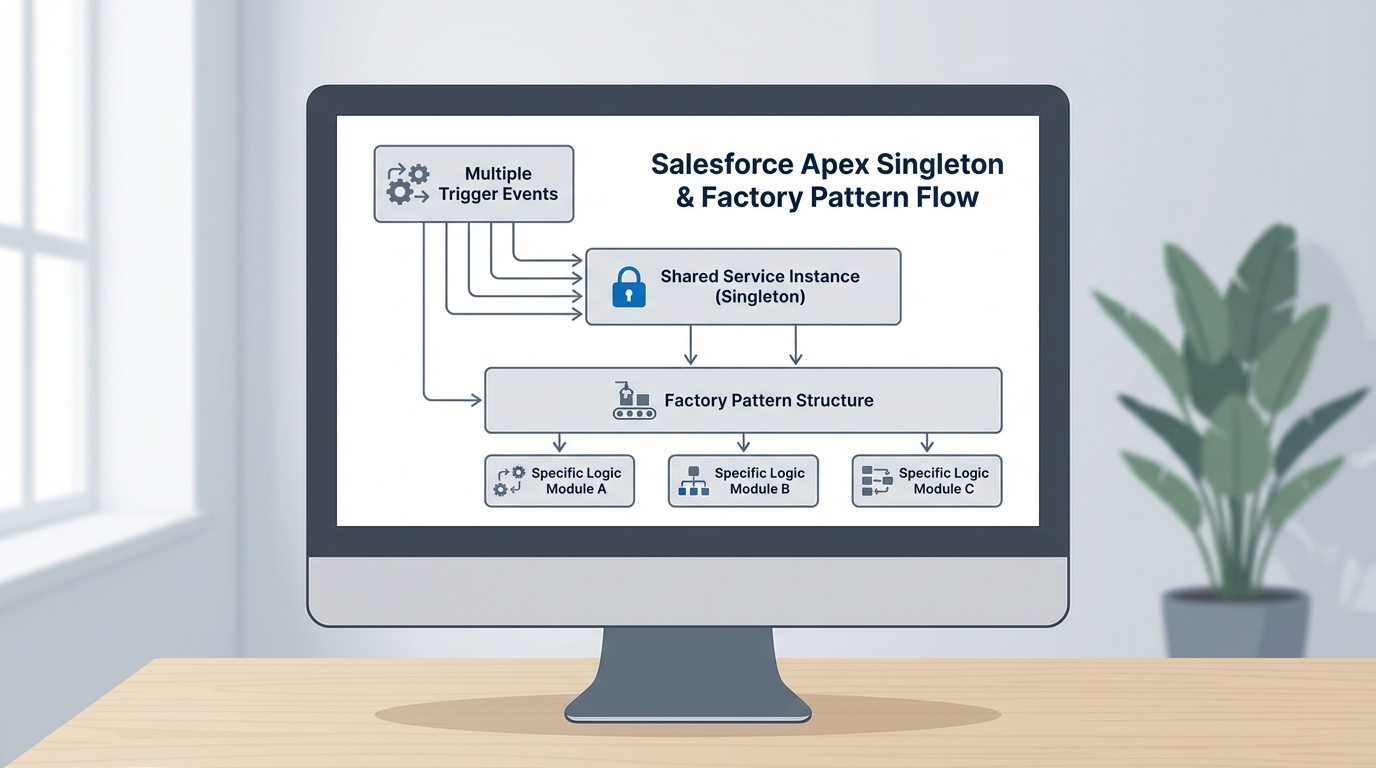 A professional architecture diagram showing the relationship between a Singleton service instance and a Factory pattern logic dispatcher in a Salesforce environment.