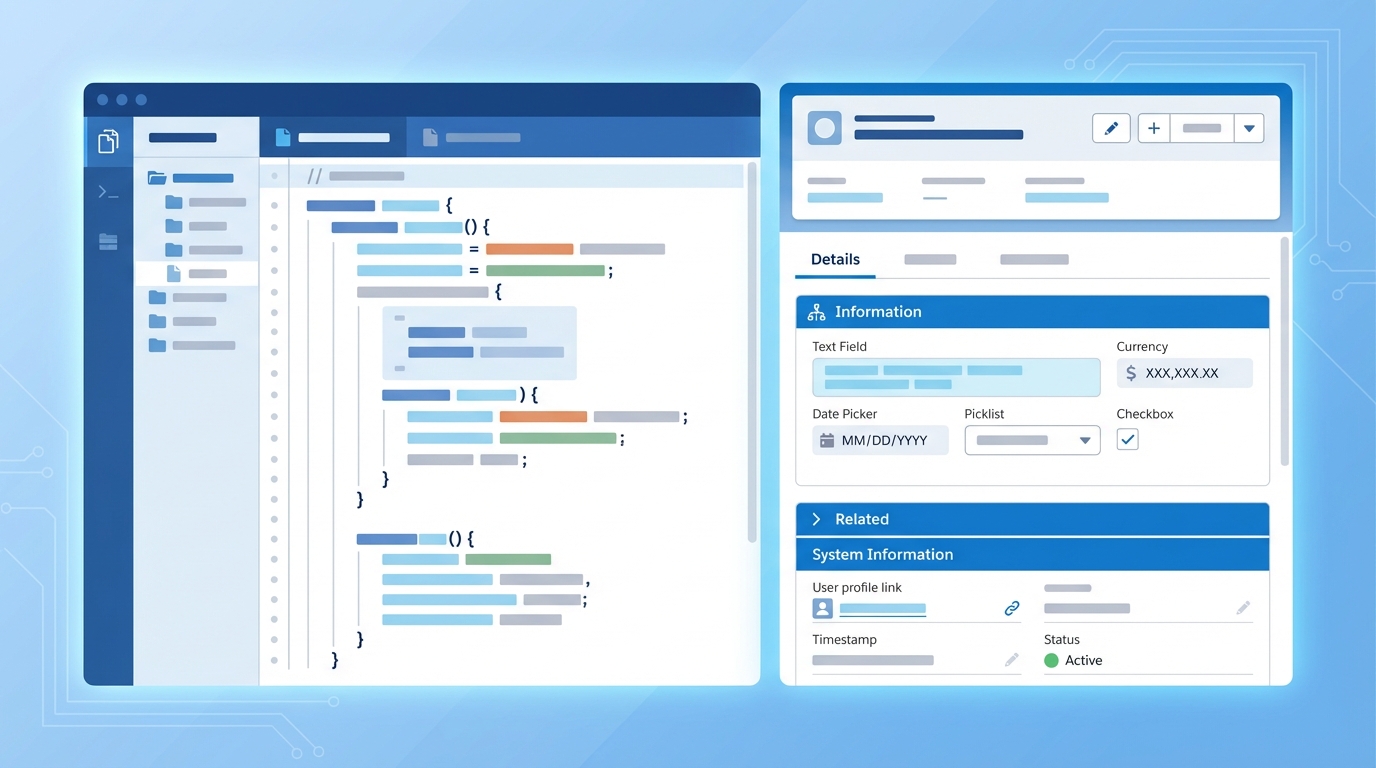 A split-screen visualization showing a code editor with data variables next to a realistic Salesforce record layout interface.