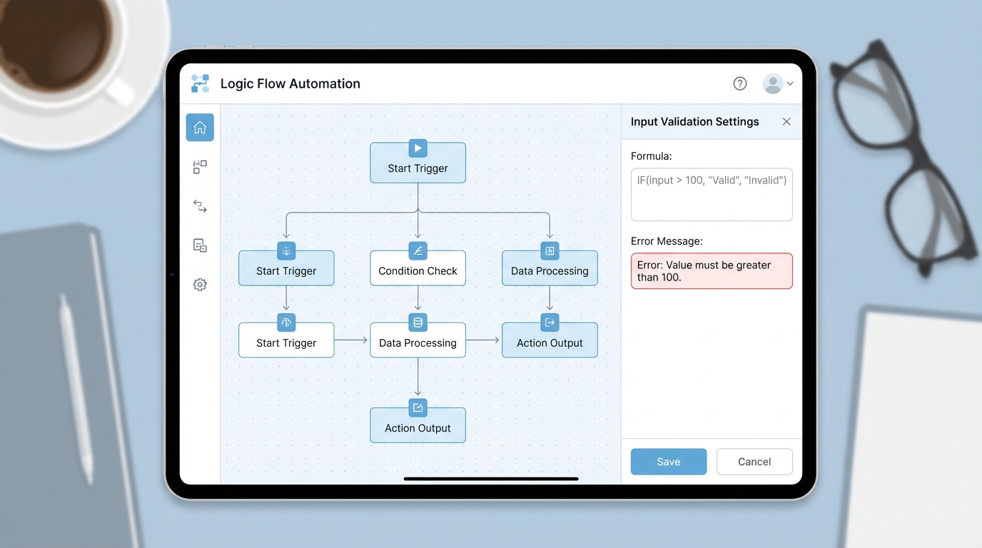 A high-quality UI mockup showing the input validation configuration and workflow logic within a screen flow builder.