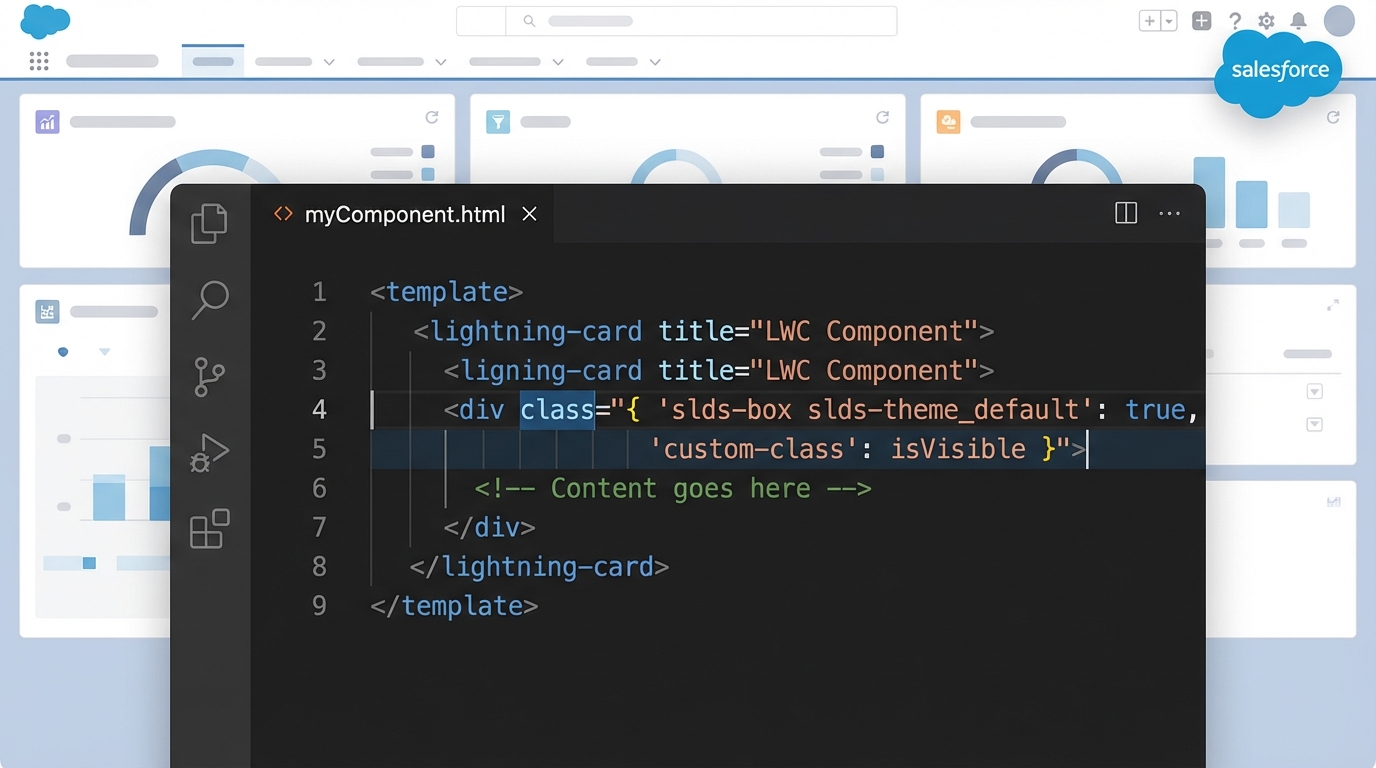 A professional code editor displaying syntax-highlighted LWC code with object-based class binding next to a blurred Salesforce UI.