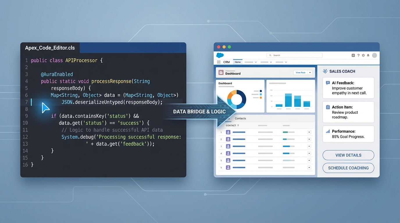 A split-screen view showing backend Apex code on the left and a structured Sales Coach UI component on the right, illustrating the processing of AI responses.