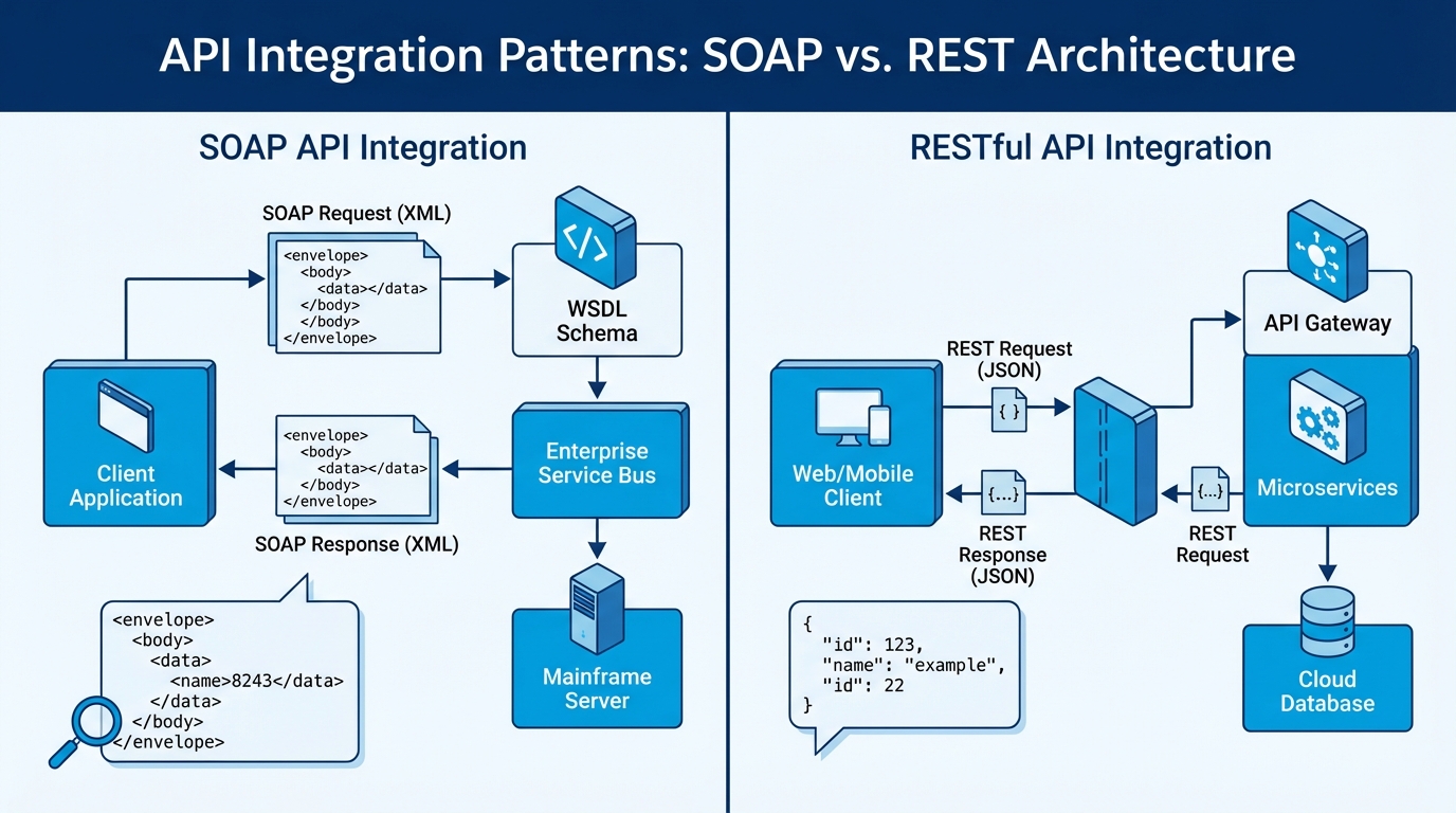 A technical architecture diagram comparing the structured XML-based SOAP protocol with the lightweight JSON-based REST API integration pattern.