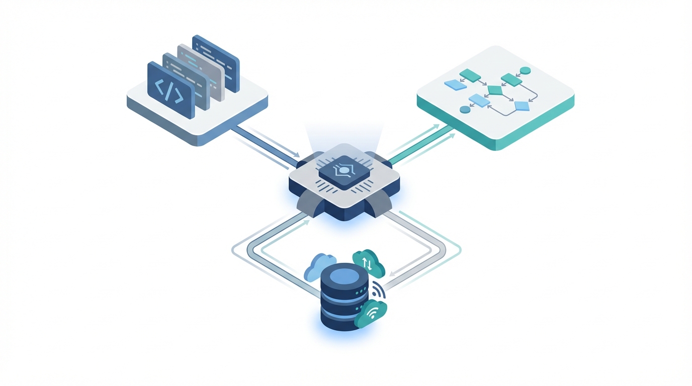 A technical architecture diagram illustrating the integration of Apex logic, Flow automations, and Data Cloud within a unified reasoning engine.