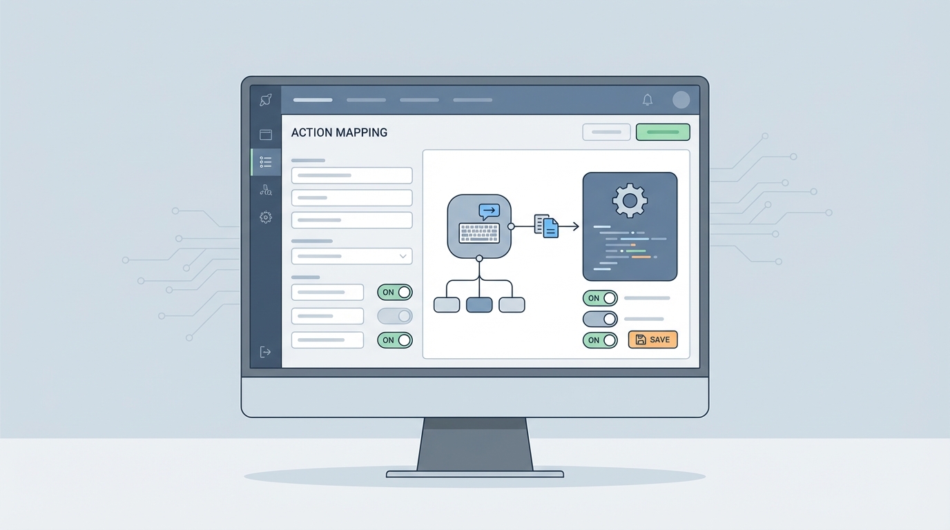 A realistic UI mockup showing the configuration interface for mapping custom actions to backend logic.