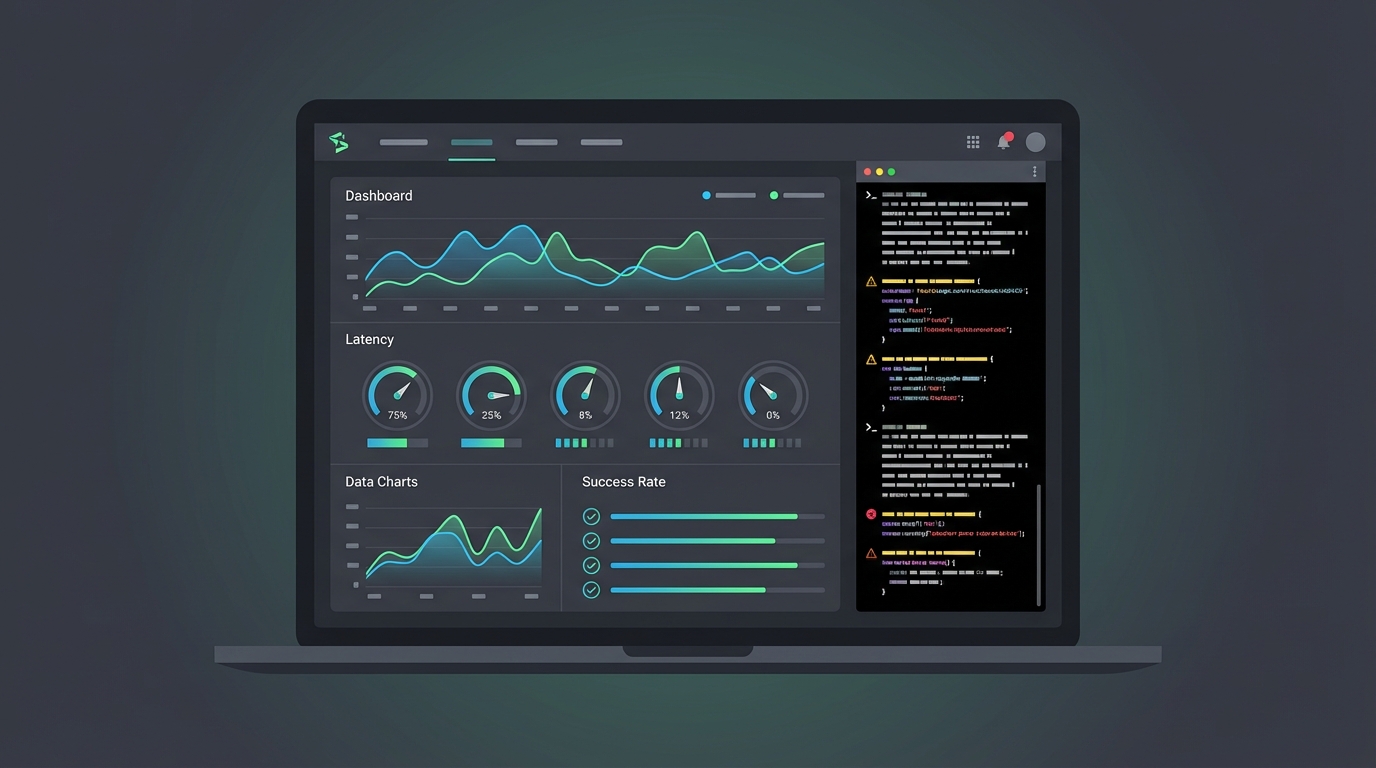 A professional performance dashboard displaying real-time metrics and debugging logs for an autonomous agent's reasoning loop.