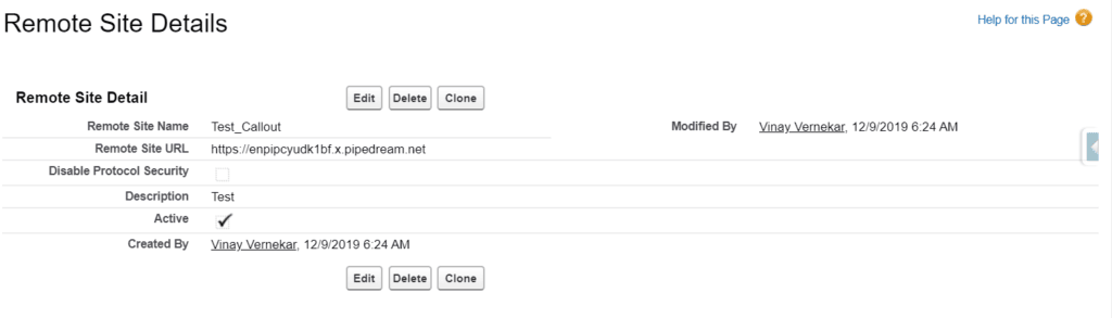 Detail of remote site settings