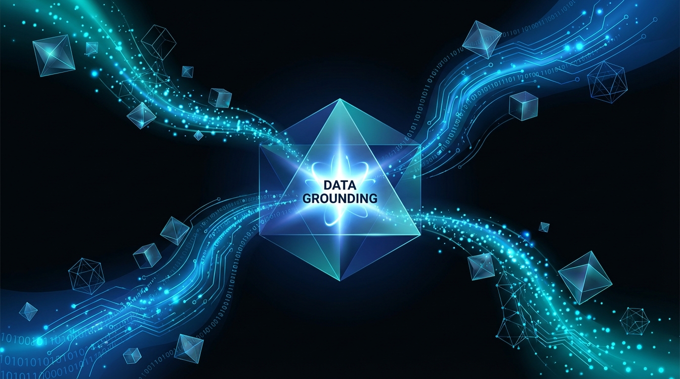 A digital illustration of data streams converging into a central glowing prism, symbolizing AI data grounding and retrieval.