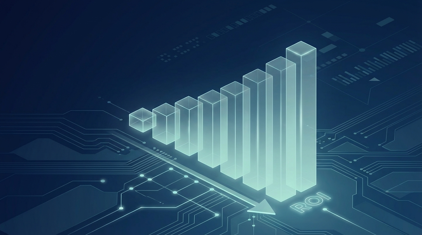A minimalist illustration of glowing pillars representing growth and ROI benchmarks in a professional tech environment.