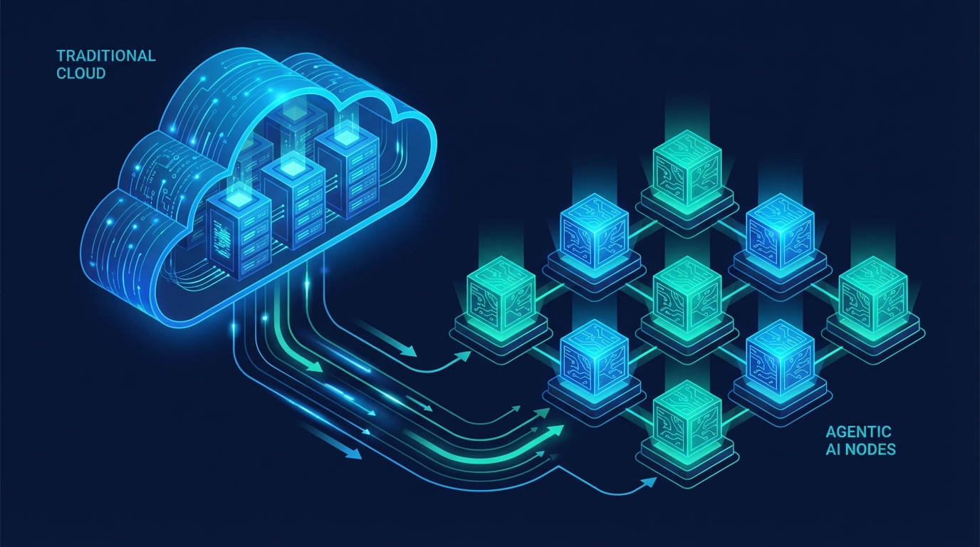 Professional tech illustration of a cloud network morphing into a structured grid of glowing AI agent nodes, symbolizing the transition to digital labor.