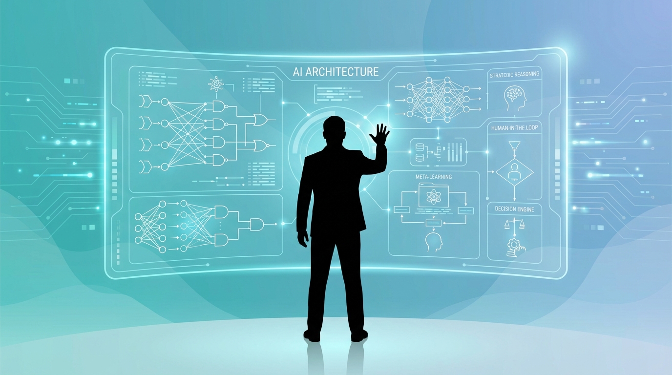 Modern tech illustration of a human architect interacting with a complex holographic neural network and logic flow, representing the shift from task execution to AI system design.