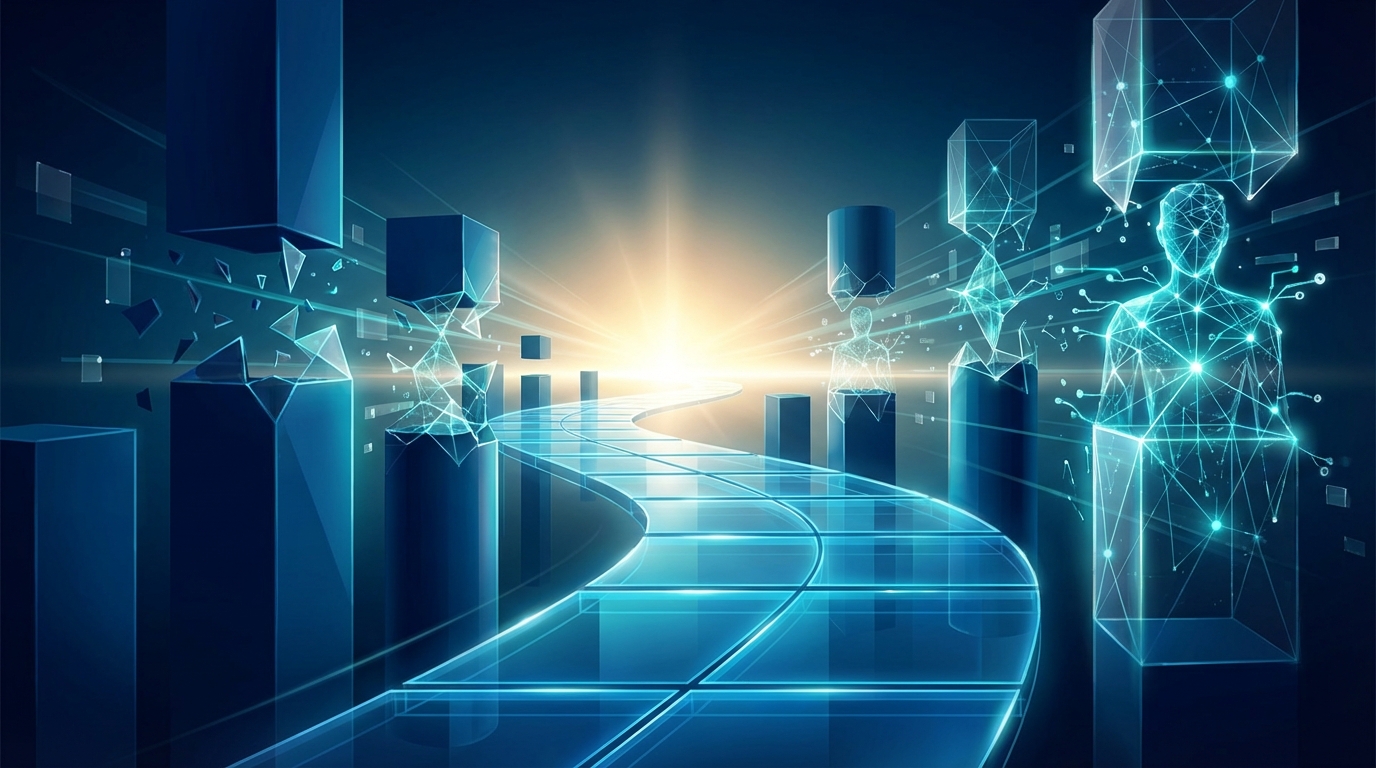 A minimalist tech illustration showing a transition of leadership, with traditional structural elements evolving into advanced, glowing AI-driven components along a futuristic horizon.