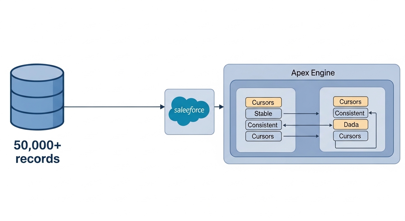 A technical architecture diagram showing how Apex Cursors segment large datasets for consistent asynchronous processing in Salesforce.
