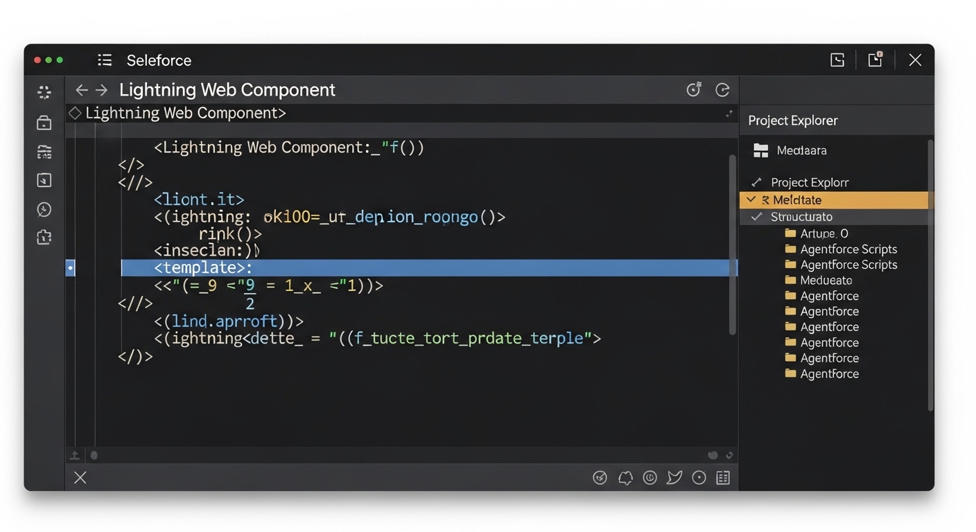 A realistic VS Code editor interface displaying LWC template expressions and the file structure for Agentforce metadata.
