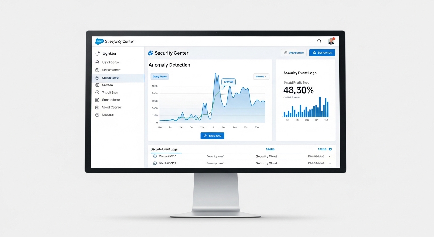 A realistic Salesforce-style security dashboard displaying automated anomaly detection charts and security event logs.
