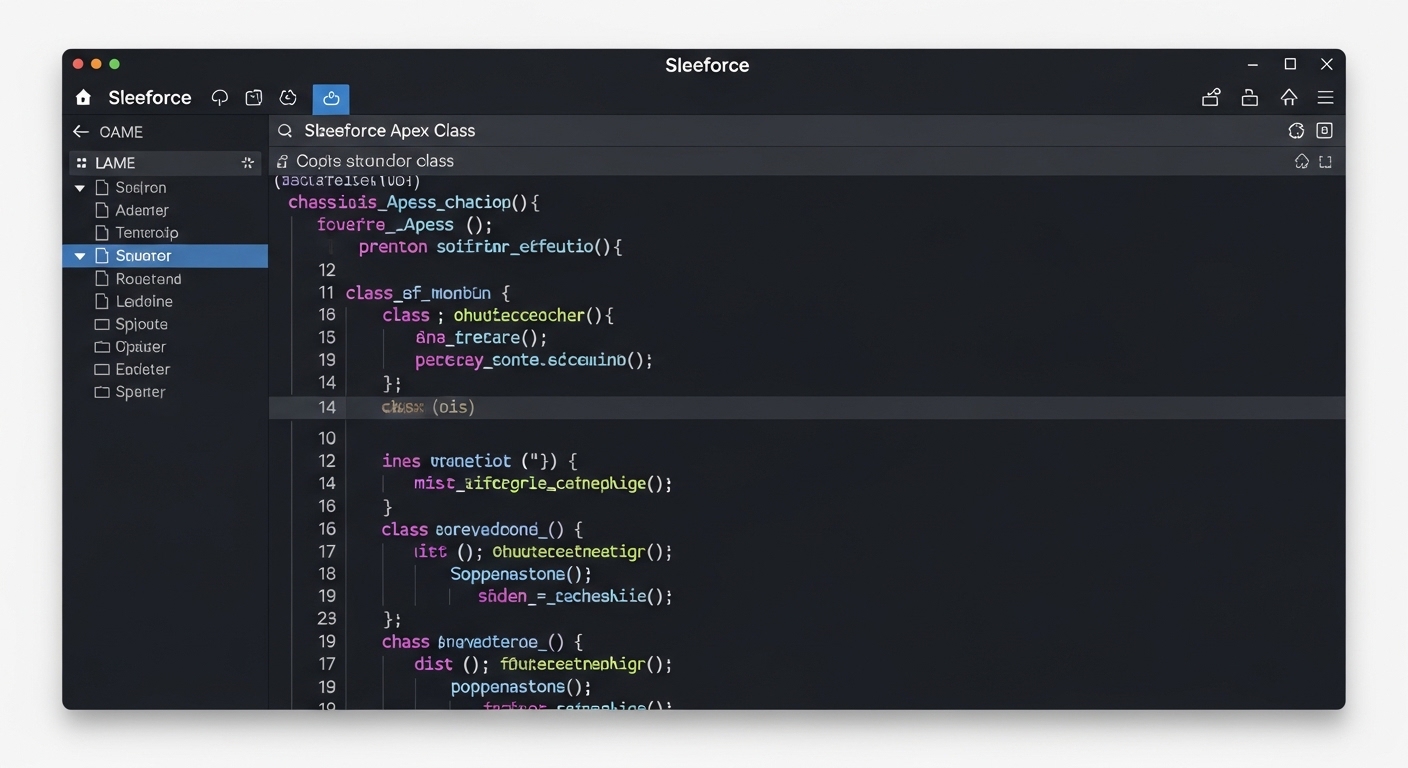 A professional code editor interface showing clean Salesforce Apex code with syntax highlighting in a dark mode theme.