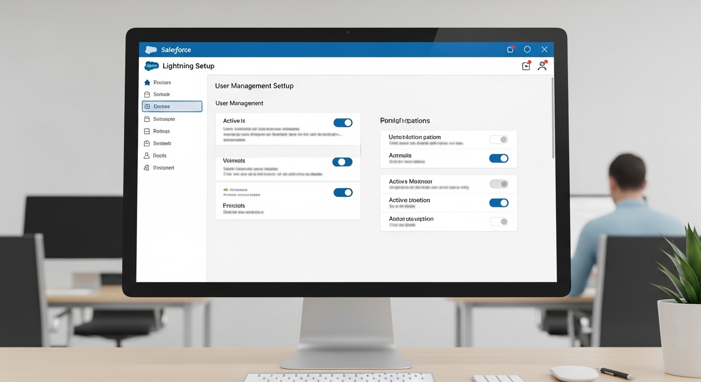 A realistic mockup of a Salesforce administrative settings page showing user management toggles and configuration options.