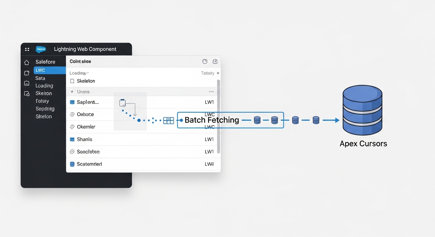 A technical architecture diagram illustrating the batch-by-batch data streaming process between a Salesforce LWC and an Apex Cursor on the server.