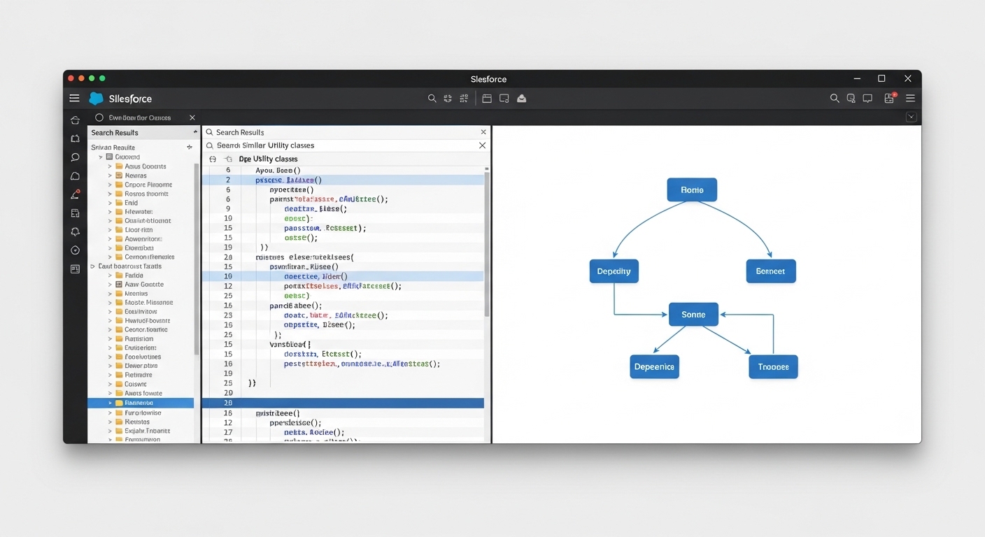 A professional code editor interface showing a search for duplicate utility classes alongside a visual dependency map for code refactoring.