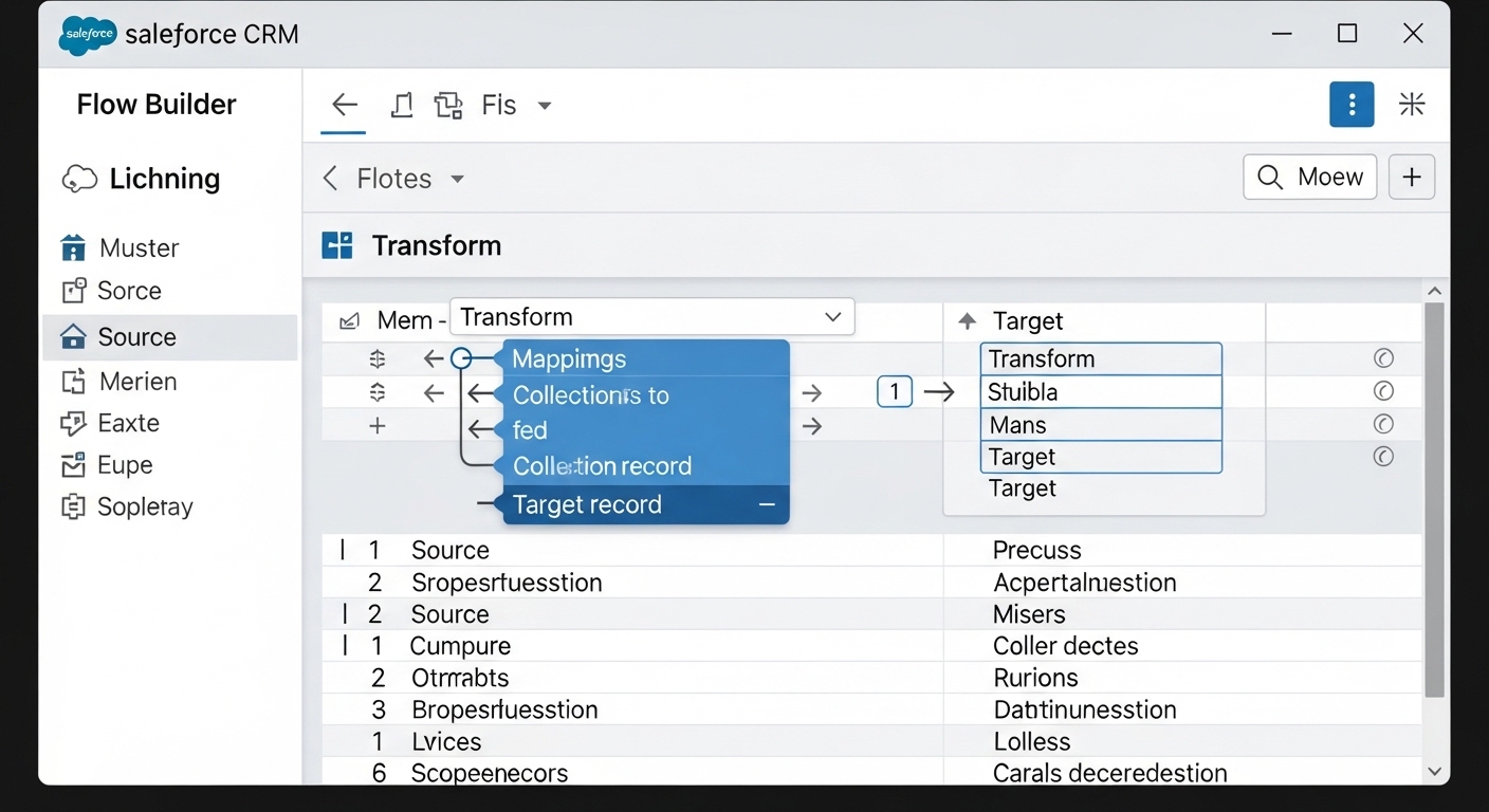 A professional screenshot of the Salesforce Flow Builder interface showing the Transform element mapping data from a collection of records.
