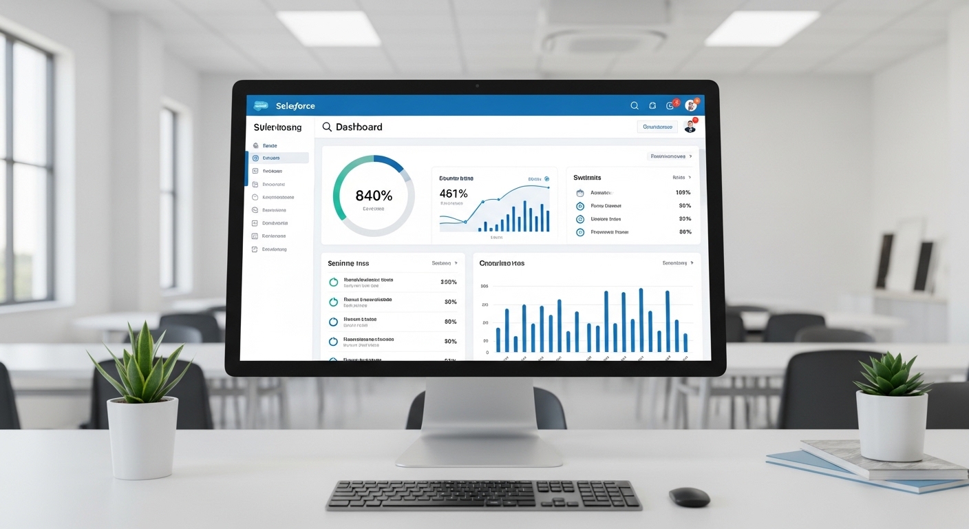 A clean and professional Salesforce Lightning dashboard showing organized charts and business metrics on a desktop monitor.