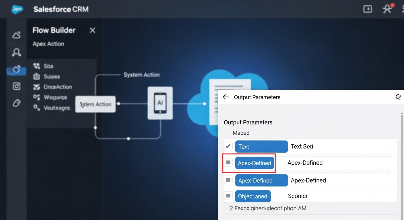 A professional software interface showing the configuration of output parameters and data mapping for a custom AI action.