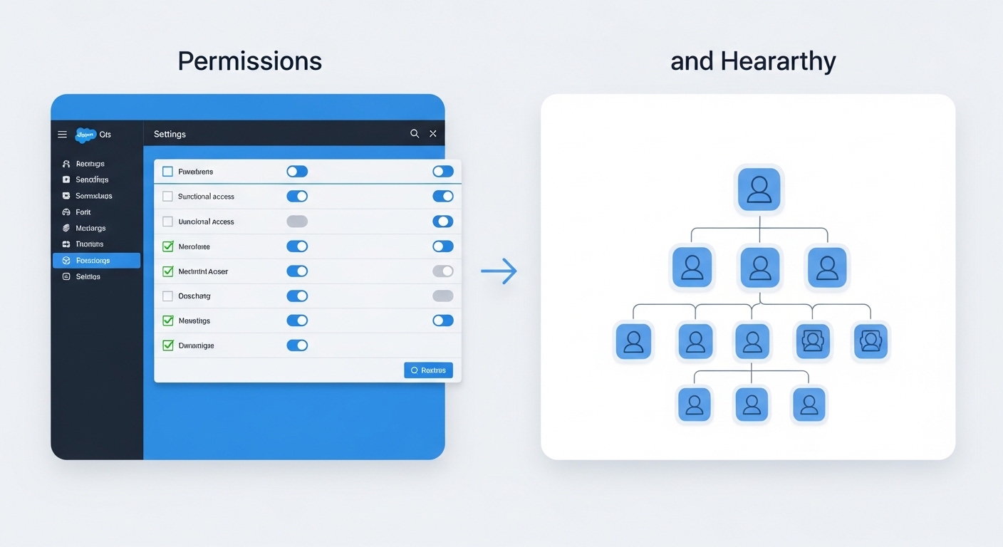 A technical diagram comparing a functional permissions checklist on the left with an organizational hierarchy tree on the right.