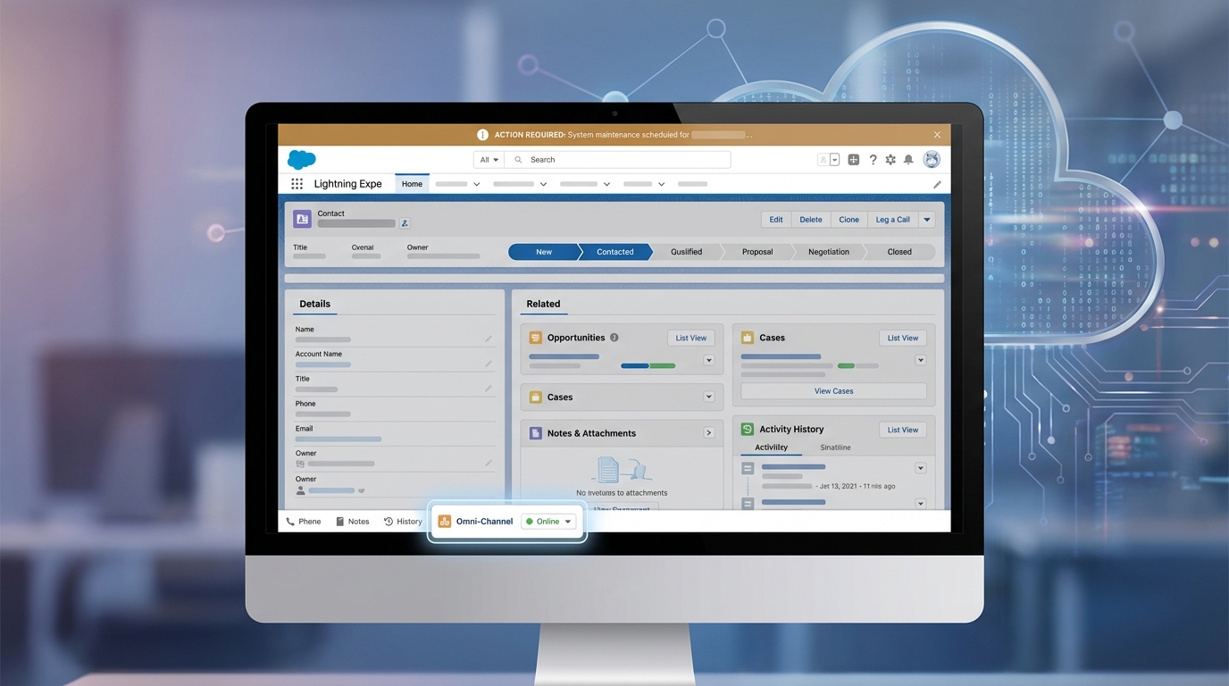 A realistic mockup of a Salesforce record page showing a configurable notification banner at the top and an active utility bar component.