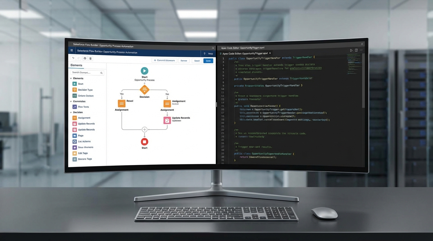 A split-screen graphic showing a Salesforce Flow Builder diagram on one side and a clean Apex Trigger code editor on the other.
